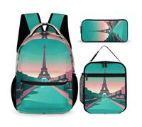 WECECE Conjunto de Mochilas Torre de París Escolares Niña, 3 Piezas Mochila Kawaii con Bolsa Almuerzo y Estuche, Mochila Colegio para Niño