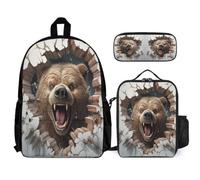 WECECE Juego de Mochila 3 en 1 para Niños, Mochila Oso Escolar, Mochilas Tema de Animales En 3D, Bolsa de Almuerzo, Estuche para Lápices, Regalo Adolescentes y Niñas