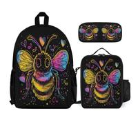 WECECE Juego de Mochila Abeja Adolescente con Bolsa de Almuerzo y Estuche, Mochila Abeja Reina Escolar Niño Grado 1-3 para Primaria