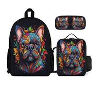 WECECE Juego de Mochila Bulldog Francés para Niños con Bolsa de Almuerzo y Estuche, Mochilas Escolares Perro Animal para Niñas 7-13 Años, Regalo Escolar para Primaria y Viajes