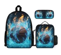 WECECE Juego de Mochila Escolar con Baloncesto «Hielo y Fuego», Bolsa de Almuerzo y Estuche para Lápices, 3 Piezas, Mochila Baloncesto para Adolescentes Niñas Niños Primaria, Ligera