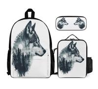 WECECE Juego de Mochila Escolar con Lobo, Bolsa de Almuerzo y Estuche para Lápices, 3 Piezas, Mochila Animal Lobo para Adolescentes Niñas Niños Primaria, Ligera