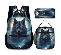 WECECE Juego de Mochila Lobo Escolar con Bolsa de Almuerzo, Juego 3 Bolsas para Mochilas Escolares Animales: Lobos Mochilas Infantil 6 8 10 12 Años 3 Piezas Set Mochila