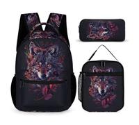 WECECE Juego de Mochila Lobo Estudiantes con Bolsa de Almuerzo y Estuche, Mochila Animales Lobos Escolar Chica Grado 1-3 para Primaria y Excursiones