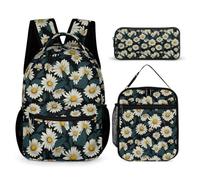 WECECE Juego de Mochila Margarita de Manzanilla Niña con Bolsa Almuerzo y Estuche, Mochila Infantil Flor Niño 6-11 Años para Viajes y Regalo Escolar