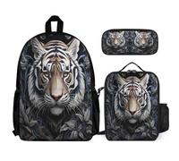WECECE Juego de Mochila Tigre Adolescente con Bolsa de Almuerzo y Estuche, Mochila Tema de Animales Escolar Niño Grado 1-3 para Primaria