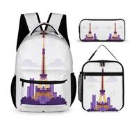 WECECE Juego de Mochila Torre de París Chica con Bolsa Almuerzo y Estuche, Backpack Estudiantes 8-12 Años para Escuela y Tiempo Libre
