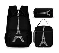 WECECE Juego de Mochila Torre de París Niña con Bolsa Almuerzo y Estuche, Mochila Infantil Niño 6-11 Años para Viajes y Regalo Escolar