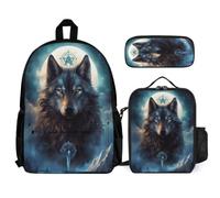 WECECE Juego de Mochila Wolves Adolescente con Bolsa de Almuerzo y Estuche, Mochila Animal Lobo Escolar Niño Grado 1-3 para Primaria