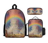 WECECE Mochila Arcoíris Infantil Chica con Lonchera Térmica y Estuche, Backpack Paisaje Colorido Niño 7-12 Años para Senderismo y Escuela