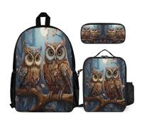 WECECE Mochila Búho Escolar Niña Primaria con Lonchera y Estuche, Set de Mochila Bird Tema Niño 6-10 Años para Senderismo y Tiempo Libre