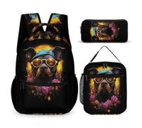 WECECE Mochila Bulldog Francés Escolar para Niñas de 3 Piezas con Lonchera y Estuche, Mochila Colegio para Chicas de Primaria y Secundaria, Mochilas Perro Animal