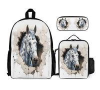WECECE Mochila Caballo Escolar Niñas con Bolsa de Almuerzo y Estuche, Set de Mochila Animal 3D Caballo Niño 7-13 Años para Excursiones y Uso Diario