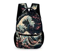 WECECE Mochila Colegio Estilo Japonés Niño 2-4 Curso Mochila Primaria Estampado de Ola Niña 8-12 Años Backpack para Libros Cuadernos Bolsillo Frontal Bolsillos Laterales Vuelta al Cole