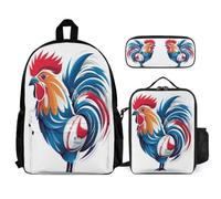 WECECE Mochila Colegio Gallo Chicas 3 en 1 con Bolsa de Almuerzo y Estuche, Set de Mochila Pollo Galo Francés para Estudiantes 8-15 Años, Primaria y Secundaria