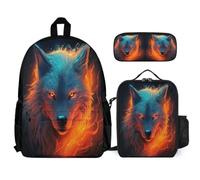 WECECE Mochila Colegio Lobo Niño 3 Piezas con Lonchera y Estuche, Juego de Mochila Animal Lobo Chica 7-11 Años para Primaria y Regalo de Cumpleaños