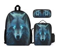 WECECE Mochila Colegio Lobo Niño 3 Piezas con Lonchera y Estuche, Juego de Mochila Lobo Animal Chica 7-11 Años para Primaria y Regalo de Cumpleaños