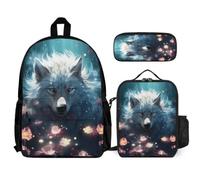 WECECE Mochila Colegio Lobo Niño con Lonchera y Estuche para Lápices, Mochilas Escolares Animal Wolve Chicas 6-13 Años para Tiempo Libre y Viajes