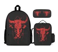 WECECE Mochila Colegio Toro Niño con Bolsa de Almuerzo y Estuche, Mochilas Escolares Estampado de Vaca Animal Niñas 8-13 Años para Primaria y Regreso a Clases