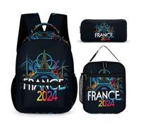 WECECE Mochila con Estampado de Torre de París y Estuche para el Almuerzo, Mochila Juego 3 Piezas para Estudiantes Primaria y Adolescentes