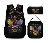 WECECE Mochila Escolar Abeja Niña Primaria 3 Piezas con Lonchera y Estuche, Mochila Colegio Abeja Reina para Niño 6-12 Años, Material Escolar para Uso Diario y Viajes