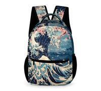 WECECE Mochila Escolar Japonés Estilo Olas Niña Niño 10-13 Años Bolsa Escolar Olas Curso 5-6 y 1º-2º ESO Escolares Mochila Formato Grande 43x32x15 cm para Viaje Estudio