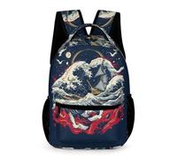 WECECE Mochila Escolar Japonés Estilo Olas Niña Niño 10-13 Años Bolsa Escolar Olas Curso 5-6 y 1º-2º ESO Escolares Mochila Formato Grande 43x32x15 cm para Viaje Estudio