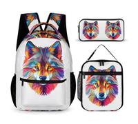 WECECE Mochila Escolar Lobo Chica Primaria 3 Piezas con Lonchera y Estuche, Mochila Colegio Animales Lobos Niño 6-12 Años, Regalo Vuelta al Cole