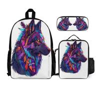 WECECE Mochila Escolar Lobo Estudiantes con Lonchera y Estuche, Mochila Colegio Animal Lobo Niñas 6-13 Años para Material Escolar y Regreso a Clases
