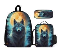 WECECE Mochila Escolar Lobo Niña Primaria 3 Piezas, Mochila para Niñas con Animal Wolve 6 a 11 Años, Mochilas Escolares Chica