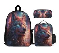 WECECE Mochila Escolar Lobos Adolescente con Bolsa de Almuerzo y Estuche, Mochila Colegio Animal Lobo Niña 7-13 Años para Primaria y Tiempo Libre