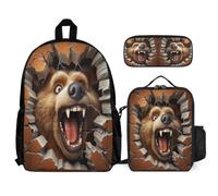 WECECE Mochila Escolar Oso Niña Primaria 3 Piezas con Lonchera y Estuche, Mochila Colegio Tema de Animales En 3D Niño 6-12 Años para Escuela, Viajes y Regalo Escolar