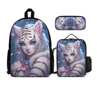 WECECE Mochila Escolar Tigre Estudiantes con Lonchera Térmica y Estuche, Mochila Colegio Tema Animal Niña Grado 3-5 para Regalo de Cumpleaños