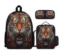 WECECE Mochila Escolar Tigre Niño Primaria con Lonchera y Estuche, Mochilas Escolares Tema de Animales Niñas 7-12 Años para Escuela, Viajes y Uso Diario