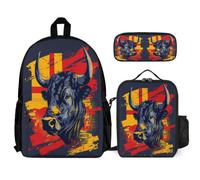 WECECE Mochila Escolar Toro para Niños y Niñas - 3 Piezas, Bonita Mochila Estampado de Vaca Escolar con Lonchera y Estuche para Lápices Niños, Adolescentes, Bolsa de Libros