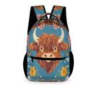 WECECE Mochila Ganado Flores Motivo Niños Niñas 6-9 Años Bolsa Escolar Vaca Highland Curso 1-4 Escolares Mochila de Colegio Uso Diario 43x32x15 cm para Salida