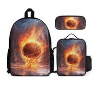 WECECE Mochila Infantil Baloncesto «Hielo y Fuego» para Niños 3 Piezas con Lonchera y Estuche, Mochila Escolar Baloncesto Niña 6-10 Años, Regalo para Escuela y Excursiones