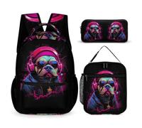 WECECE Mochila Infantil Bulldog Francés Estudiantes con Bolsa Térmica y Estuche, Mochila Escolar Estampado de Perro Niñas 8-15 Años para Secundaria y Escuela