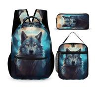WECECE Mochila Lobo Escolar Niña, Mochilas Colegio de 3 Piezas para Niñas con Bolsa de Almuerzo Estuche, Mochila Transpirable Chica Primaria con Animales Lobos, 8 a 14 años