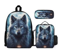 WECECE Mochila Lobo Escolar Niñas Primaria 3 Piezas, Mochila para Niños Kawaii con Animales: Lobos 6 a 12 Años, Mochilas Escolares Chica Ligera