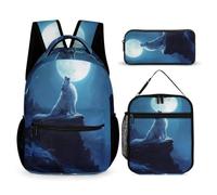 WECECE Mochila Lobo Escolar Niño Primaria 3 Piezas, Animales Lobos Mochila y Bolsa de Almuerzo 8 a 15 Años, Mochilas Escolares Chica