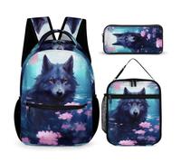 WECECE Mochila Lobo Escolar Niño Primaria 3 Piezas, Animales Lobos Mochila y Bolsa de Almuerzo 8 a 15 Años, Mochilas Escolares Chica