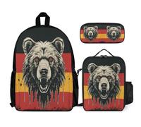 WECECE Mochila Oso para Infantile Niño Escuela 3 Unidades, Mochila Tema de la Bandera Alemana con Lonchera y Estuche para Lápices