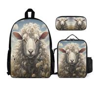 WECECE Mochila Oveja Escolar para Adolescentes y Niñas, con Lonchera y Estuche para Lápices, Mochilas Casual, Juego de Mochila con Cordero