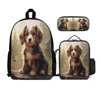 WECECE Mochila Perro Pastor Escolar Niño Primaria 3 Piezas, Mochila Cachorro Animal para Niñas y Bolsa de Almuerzo 7 a 11 Años, Mochilas Escolares Chica Ligera