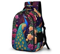 WECECE Mochila Secundaria Pavo Real Flores Chico 10-15 Años Bolsa Escolar Animal Chica ESO 1º-2º Mochila Juvenil, Backpack Resistente y Cómoda para Escuela y Viaje Gran Capacidad