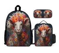WECECE Mochila Sheep infantil de 3 Piezas para Niñas, Bonita Mochila Lamb Patrón Escolar con Bolsa de Almuerzo y Bolsa para Bolígrafos