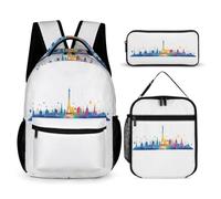 WECECE Mochila Torre de París Escolar de 3 Piezas para Niñas, Bonita Mochila Escolar Torre París para Niños con Lonchera Aislada y Estuche Lápices