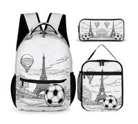 WECECE Mochila Torre de París Escolar Niño Adolescentes, Juego de Mochila Fútbol Escolar para niñas, Escuela, Tiempo Libre, con Bolsa para Almuerzo y Estuche