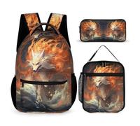 WECECE Mochila Zorro con Estuche de Lápices para el Almuerzo, Mochila Tema de Animales 3 Piezas, Bolsa Ligera para la Escuela Secundaria